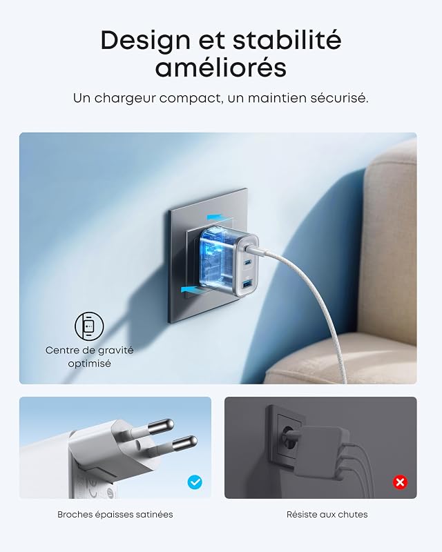 Nano Chargeur USB C 70W 3 Ports (Câble Inclus), Sortie Ultrafast