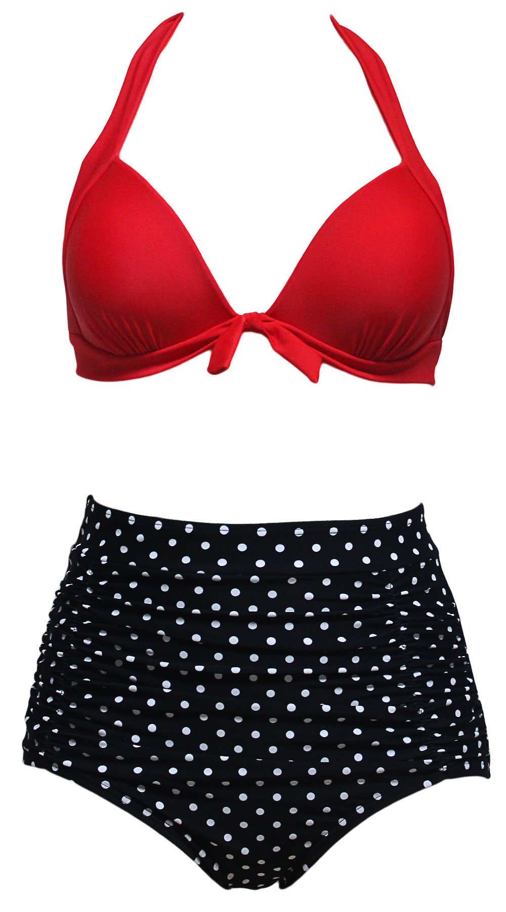 GaoZhuang Women Plus Size Vintage Polka Dot Halter High Waisted Bikini Swimsuit Set (Red, XXXL)
