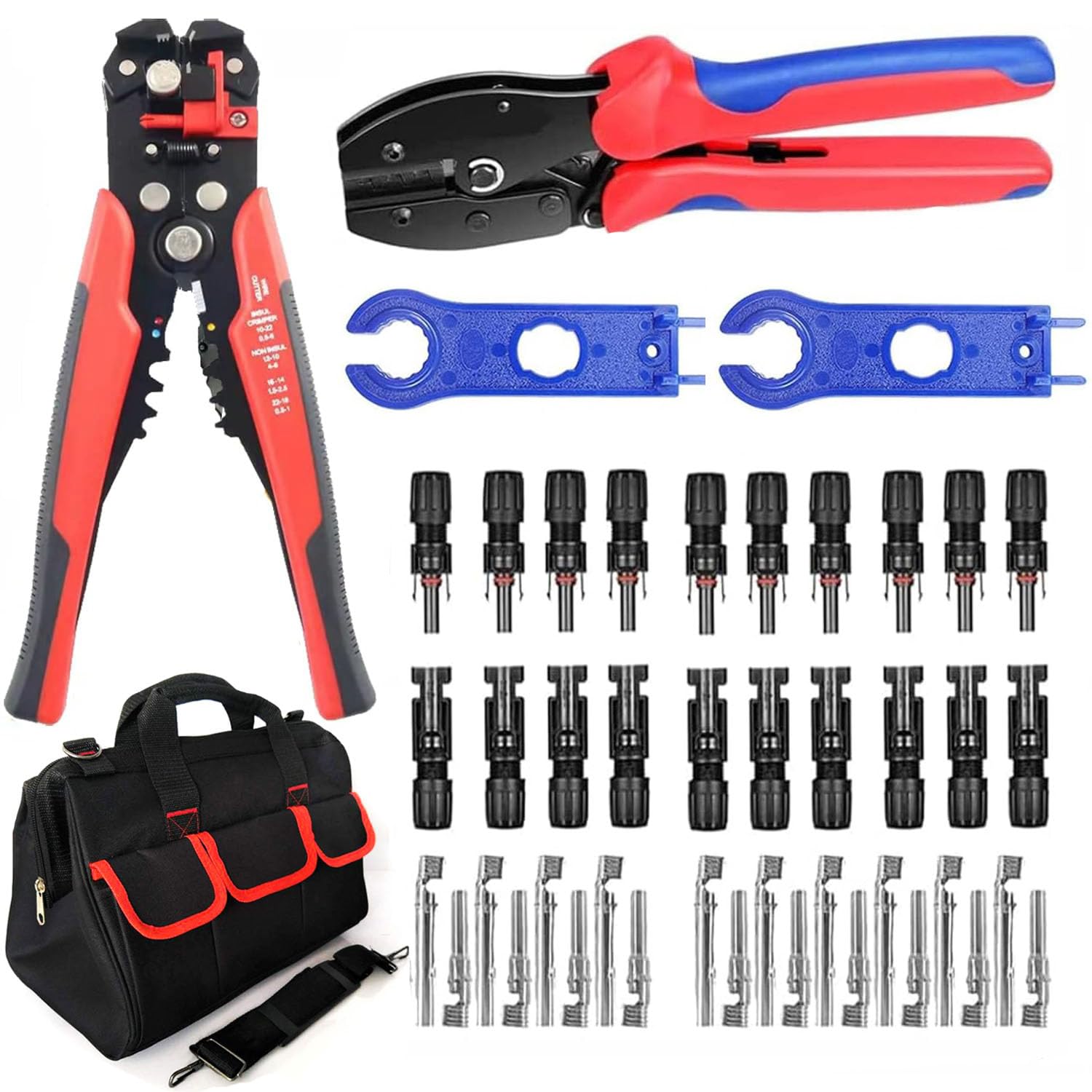 QeeHeng Solar Crimping Tools Kit,Solar Cable Connector,1 Solar Crimper,8 Inch Self-Adjusting Wire Stripper,10 Pair Solar Panel Connectors,1 Tools Bag