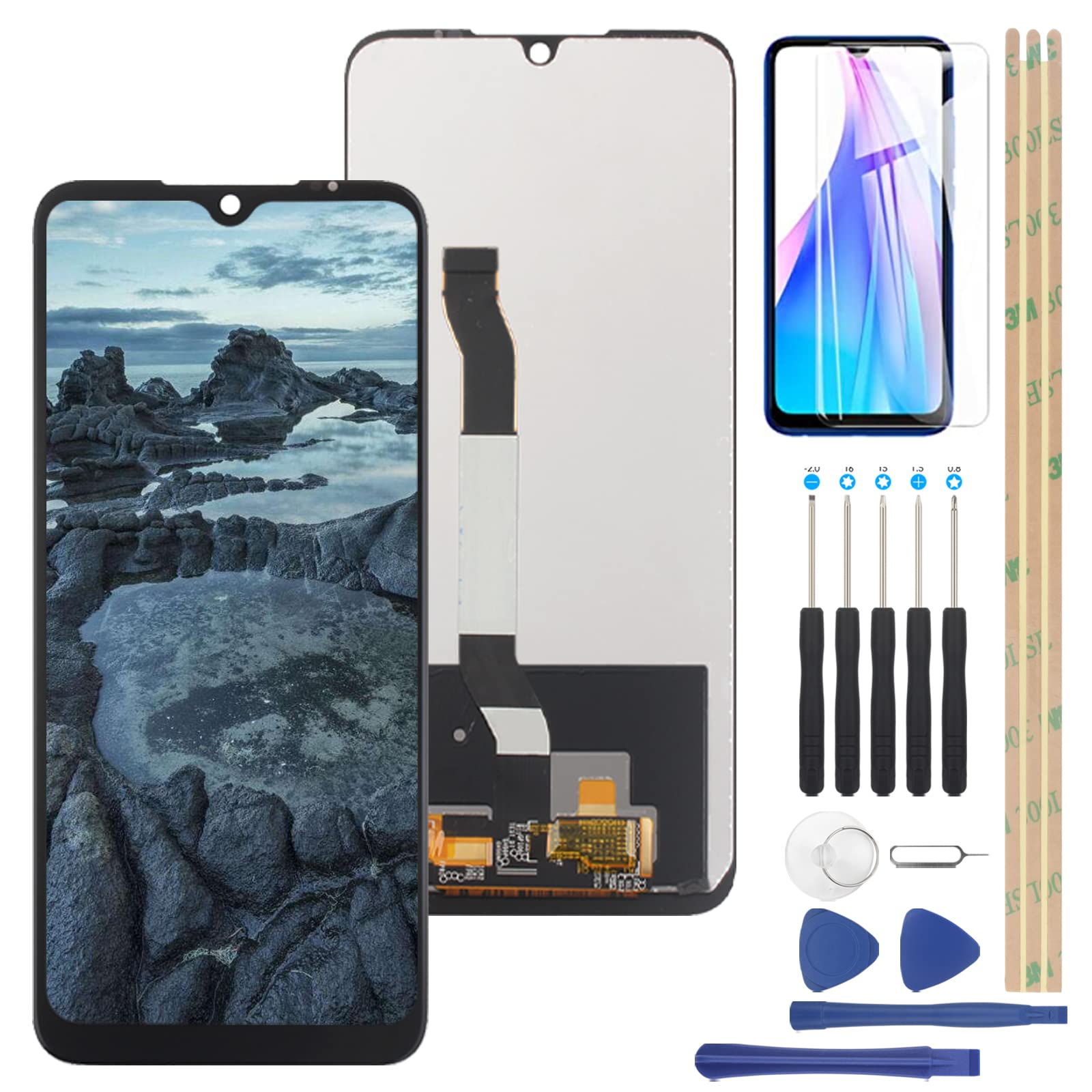 YHX-OU 6.3 Inch Black Screen for Xiaomi Redmi Note 8T M1908C3XG LCD Display Touch Screen Digitizer Replacement Assembly with Installation Tool + for Redmi Note 8T Tempered Glass