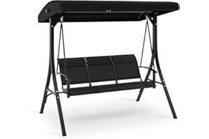3-Seat Outdoor Patio Swing with Adjustable Canopy Knob, Heavy-Duty Steel Spring Hooks & Triangular Frame, Porch Glider with N
