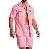 URRU Mens 2 Piece Summer Beach Outfits Textured Short Sets Casual Short Sleeve Button Down Matching Shirt and Shorts Set