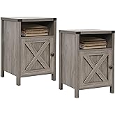 Farmhouse Nightstand, End Table, End Tables with Barn Door and Shelf, Modern Bed Side Table Rustic Gray Nightstands Set for B