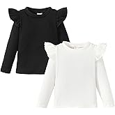 OPAWO Toddler Girl Shirts Ruffle Long/Short Sleeve Baby Girl T-Shirts Kids Blouse, Ribbed Toddler Girl Tee Tops 2-Pack 12M-6Y