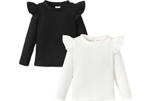 OPAWO Toddler Girl Shirts Ruffle Long/Short Sleeve Baby Girl T-Shirts Kids Blouse, Ribbed Toddler Girl Tee Tops 2-Pack 12M-6Y