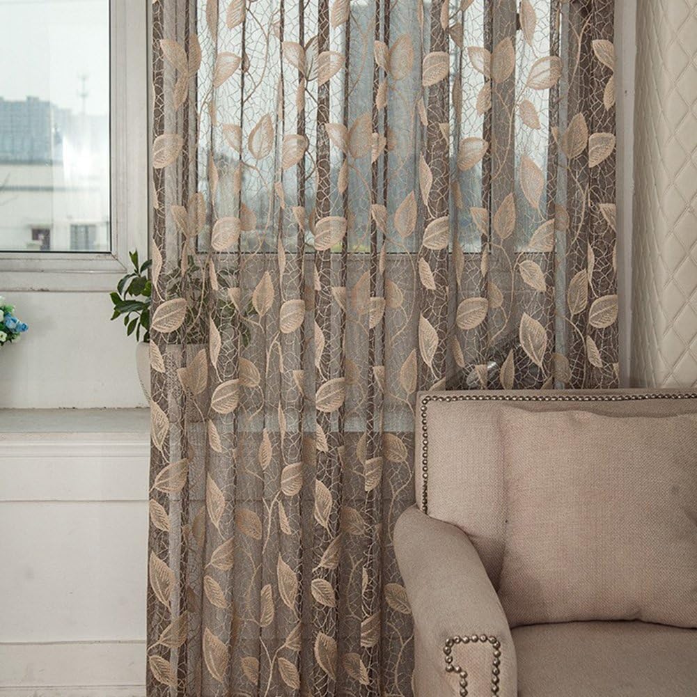 Edal Door Window Scarf Sheer Leaf/Floral Tulle Through Rod Curtain Drape Panel Voile Valances Gray