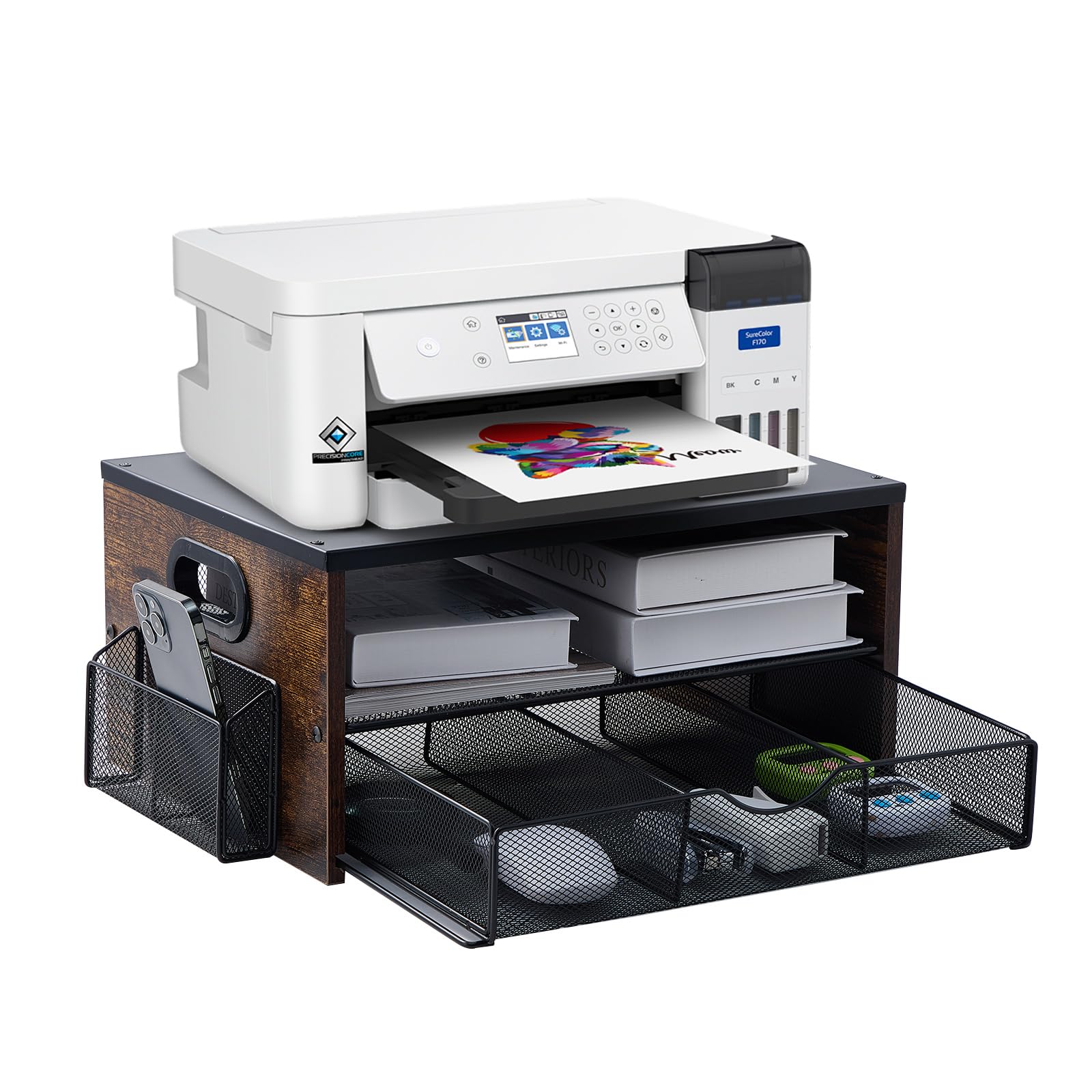 Photo 1 of Xmoddes Printer Stand,Desktop Printer Stand with 2-Tier Storage Shelves for Home Office?Desk Organizer with Drawer and 2 Pen Holders for Fax Machine Scanner Files