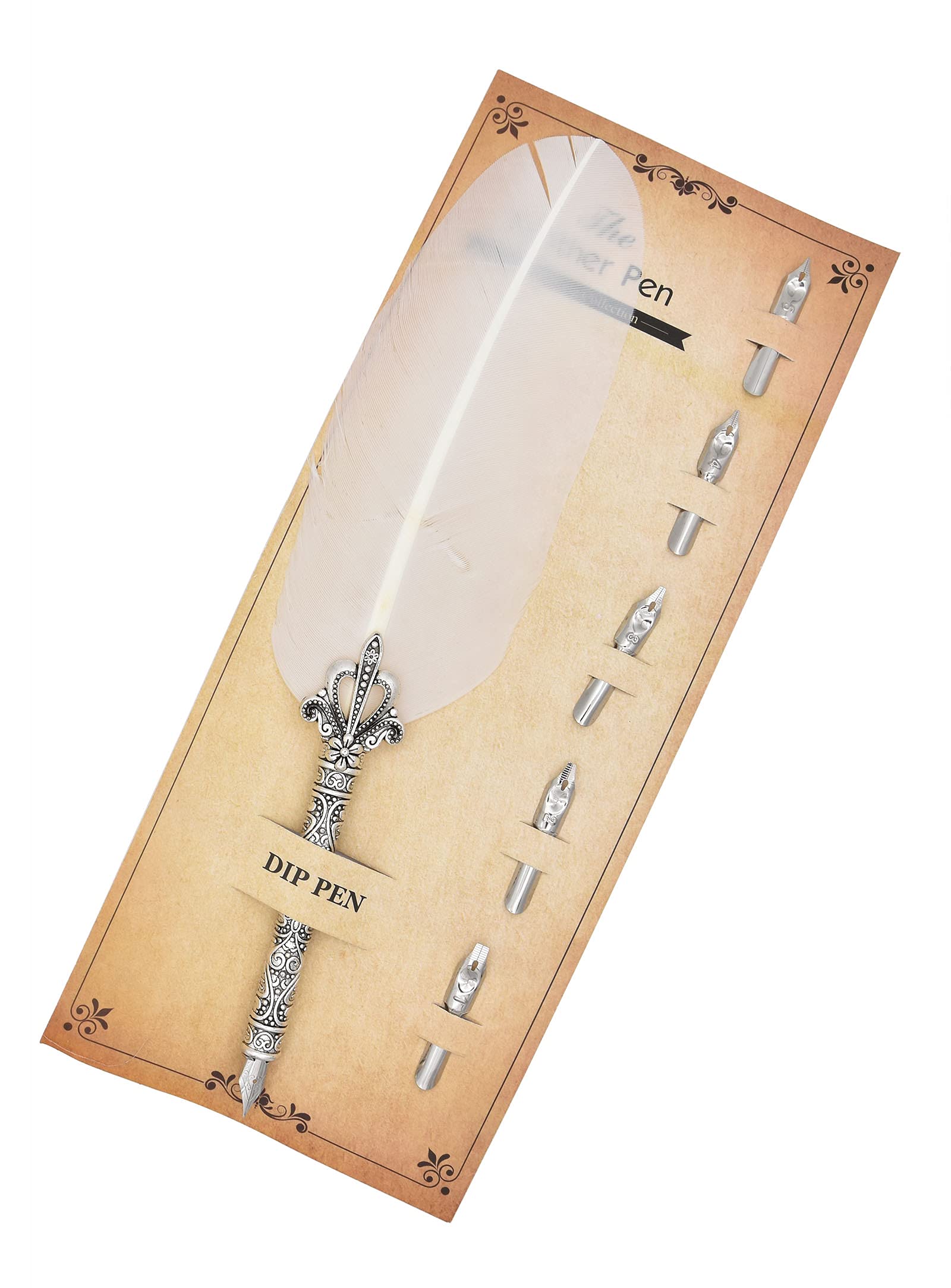 Gullor Calligraphy Feather Quill Pen and 5 Calligraphy Nibs for Beginners Kids Calligraphy Writing Quill Dip Pen Set, White