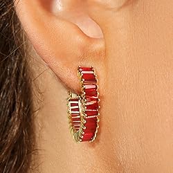 GLOQUAT Ruby Red Crystal Hoop Earrings 14K Gold