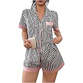 WDIRARA Women's Striped Pajama Sets Short Sleeve Button Down Shorts Pjs 2 Piece Sleepwear