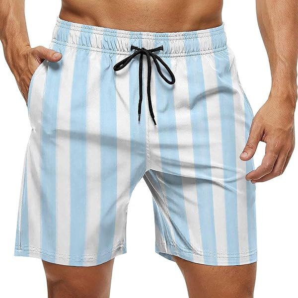 バドミントン用メッシュウェア ホワイト/ブルー Ruhho Men's Casual Summer Shorts Blue-White-Stripes-Pattern, S