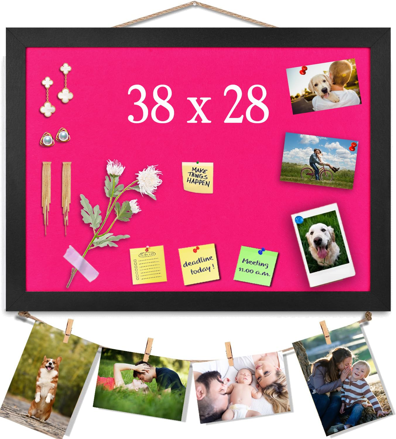 Pink Bulletin Boards Cork Board with Felt, 38x28CM Small Display Pin Board Vision Board for Walls, Jewelry, Notes, Collection, Photos, Office, Black Framed and Pink Felt Board, 1pc, UK