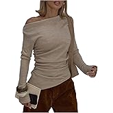 SOLY HUX Women's Long Sleeve Off The Shoulder Tops Ruched Asymmetrical T Shirts Slim Fit Tees