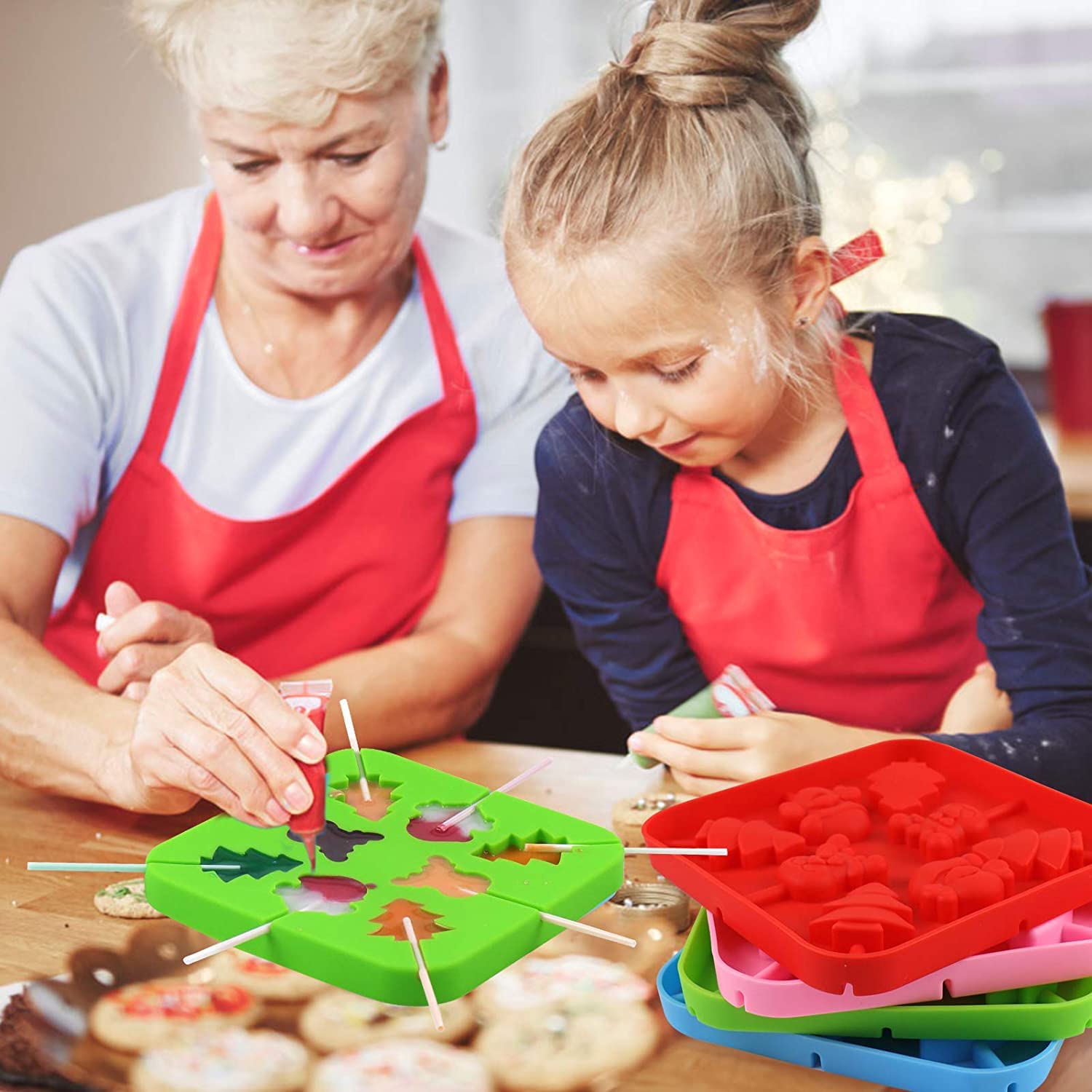 2Pcs Christmas Candy Molds Silicone Lollipop Molds Chocolate Lollypop Sucker Mold elk Santa Claus Christmas tree Reusable Food Grade Silicone Molds for Halloween Christmas Parties（Pink Green）