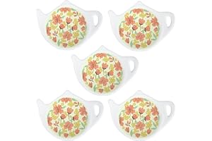 SOCOSY Flowers Pattern Ceramic Tea Bag Coasters Spoon Rests Teabag Resting Caddy Holder Saucer Set, Tea Coffee Accessories, Seasoning Dishes, Keep Your Tea Time Tidy and Organized-Orange-5 PCS