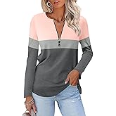 TICTICMISS Women's Long Sleeve Shirts Zipper Color Block V Neck Tunic Tops Casual Blouse