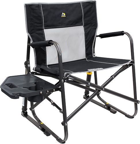 GCI Outdoor Freestyle Rocker XL with Side Table Camping Chair | Portable Folding Rocking Chair with Solid, Durable Armrests, Drink Holder & Comfortable Backrest — Black
