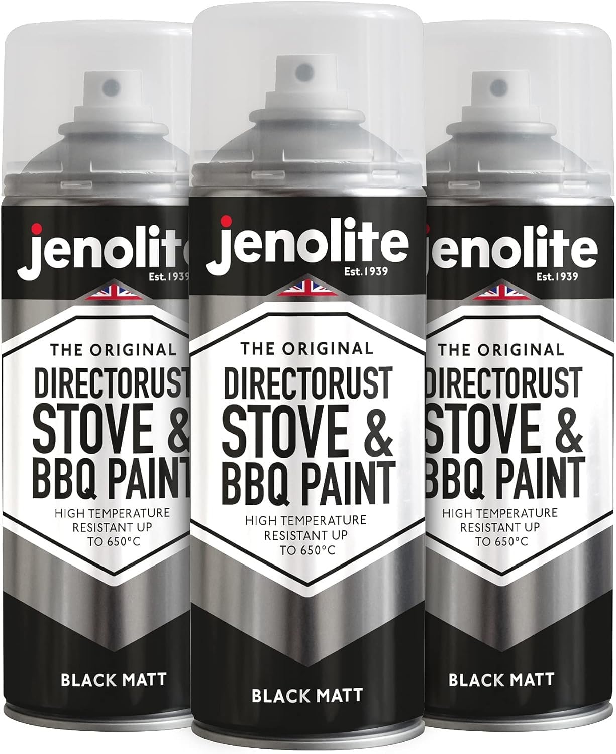 JENOLITE Directorust BBQ & Stove Spray | BLACK | 3x400ml | High Temp Paint Up to 650°C | Barbecue, Stove, Chimineas, Wood Burner, Automotive, Fire Screens