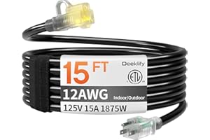 DEEKLIFY 12AWG 15 FT Heavy Duty Outdoor Extension Cord Waterproof with Lighted End,Black 12 Gauge Extension Cord Flexible and Cold Resistant 3 Prong Grounded Plug,15Amp 1875W SJTW ETL Listed