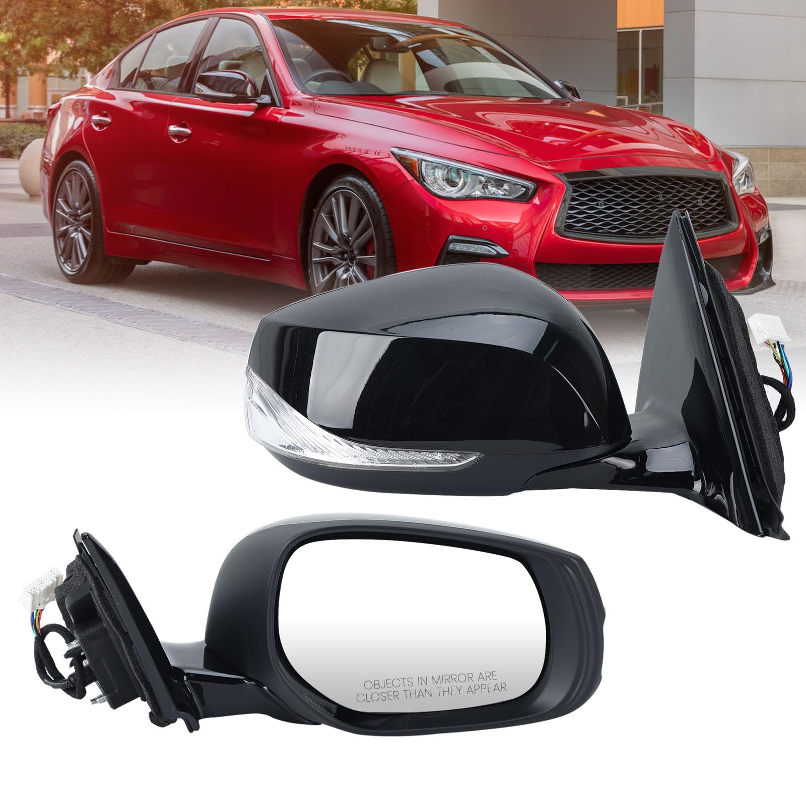 Photo 1 of Right Passenger Side Mirror Compatible with Infiniti Q50 2014-2021 Heated Power Glass Manual Folding Turn Signal Indicator 7 Pins Replace IN1321129 | 963014HB0A (Glossy Black)