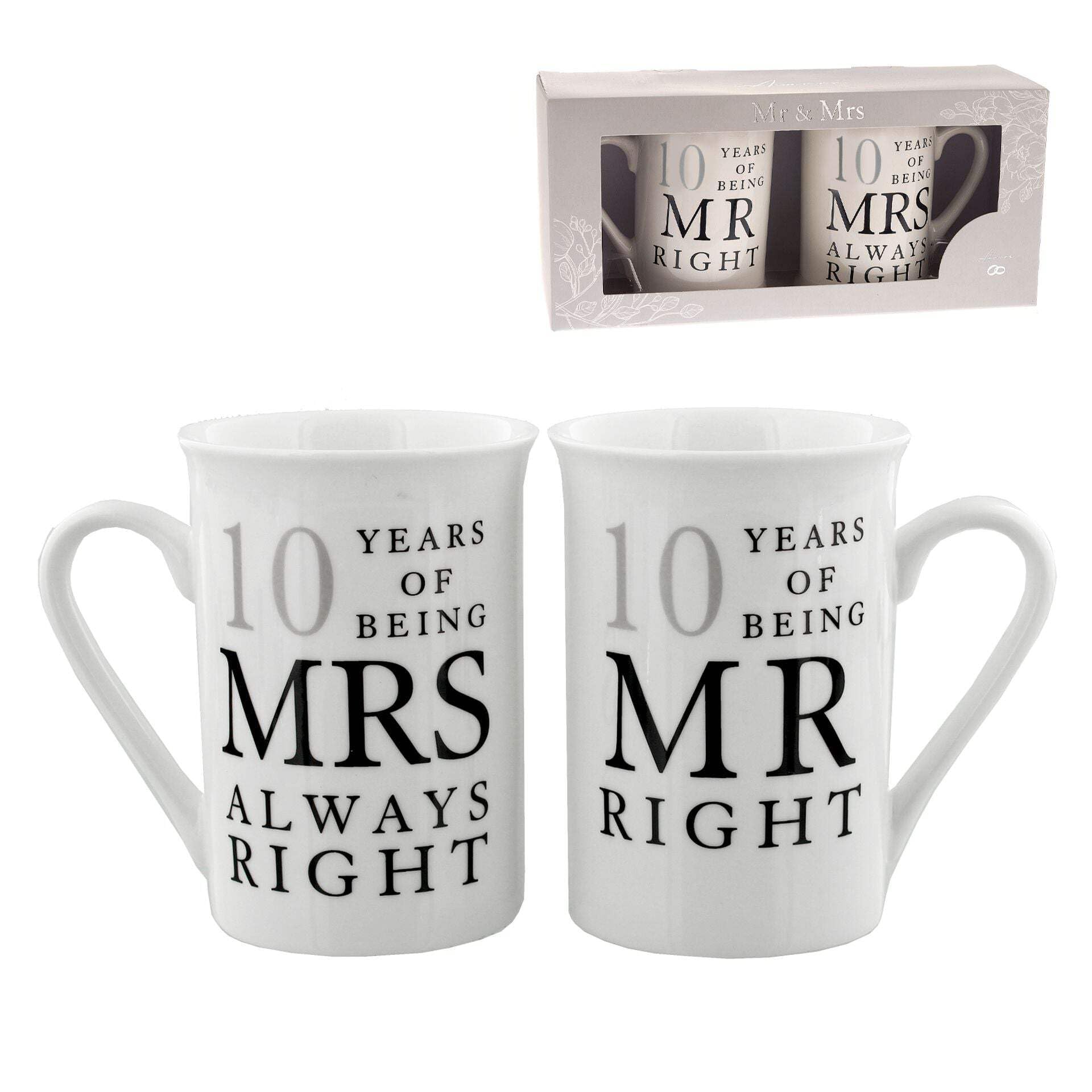 Amore 10th Wedding Anniversary Set of 2 China Mugs 'Mr Right & Mrs Always Right' (WG67710)