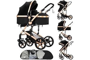 SUTTONBEBE 2 in 1 Baby Stroller Reversible Portable Standard Baby Stroller Convertible Pushchair Infant Buggy Baby Carriage Foldable High Landscape Pram for Toddler Newborn (2US588-BG 2 in 1)
