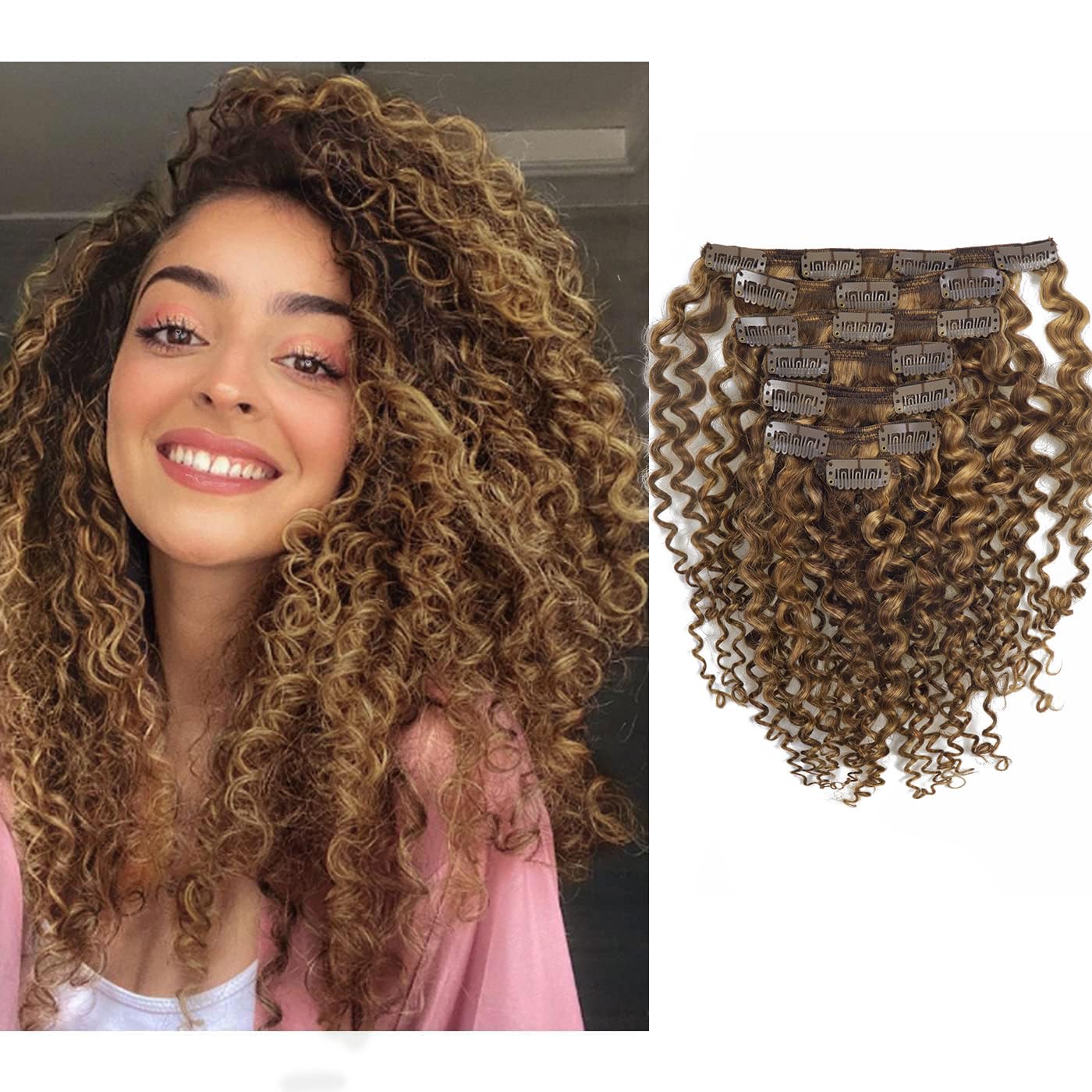 Photo 1 of Loxxy Clip in Human Hair Extensions 22inch Double Weft Natural Color #P4/27 3B and 3C Curl Rmey Real Thick and Soft Hair Extensions 8A Grade for Women 7Pcs/lot 120g/set And 17 Clips Per Pack