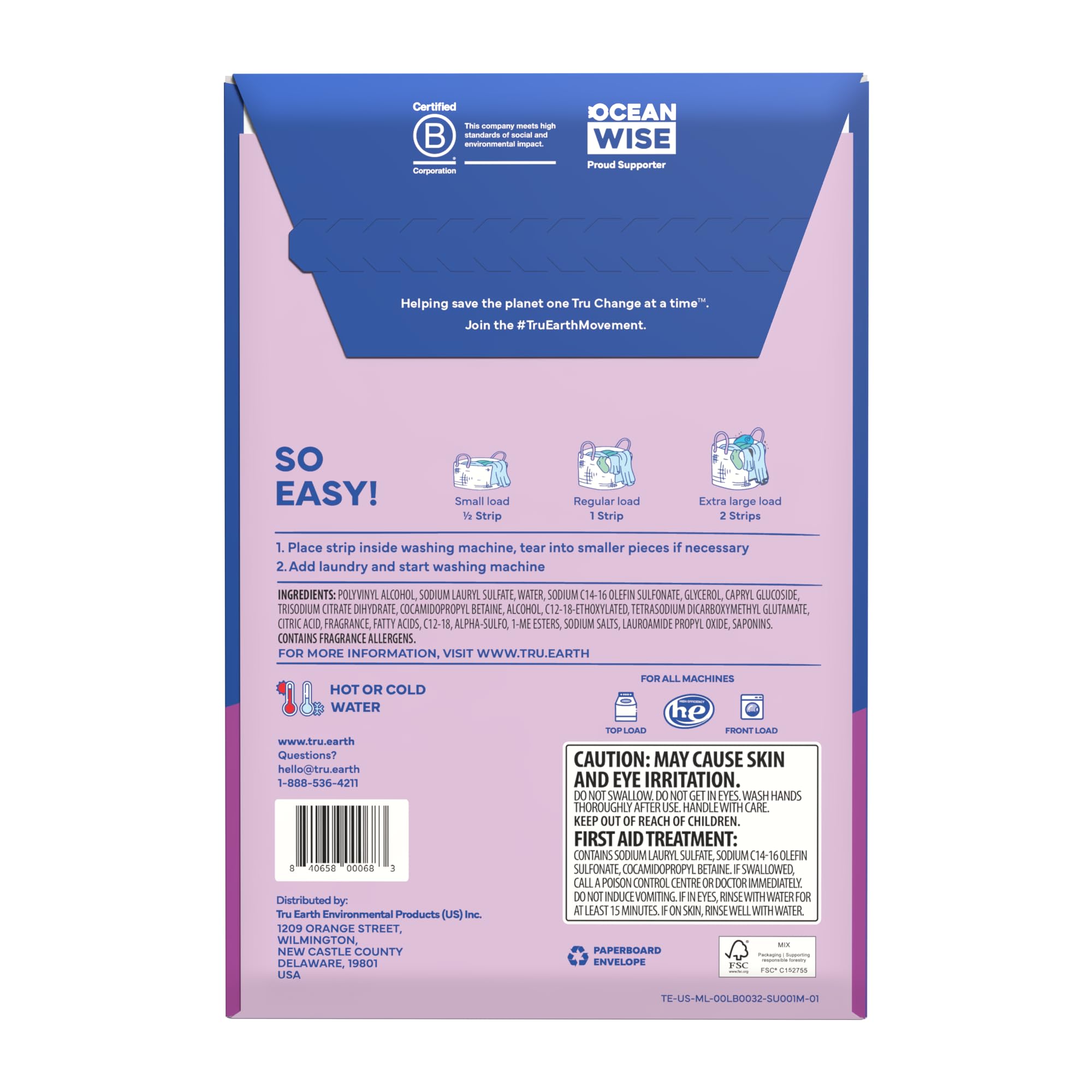 Tru Earth Compact Dry Laundry Detergent - Up to 64 Loads (32 Sheets) - Paraben-Free - Original Eco-Strip Liquidless Detergent, Travel Sheets - Lilac Breeze | Packaging May Vary