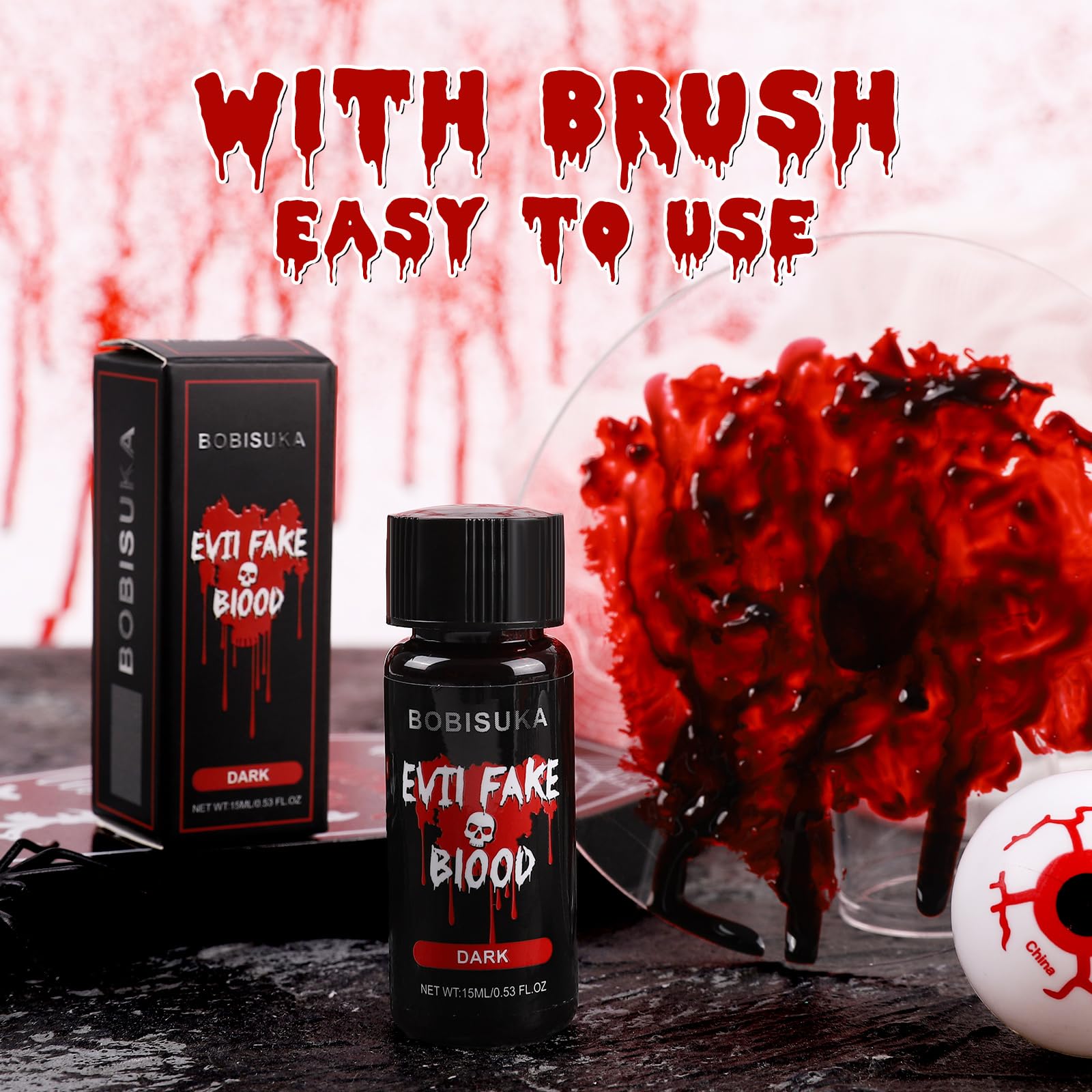 BOBISUKA Halloween Fake Blood, Dark Fake Blood 0.53oz, Realistic Washable Liquid Dripping Fake Blood Makeup Kit for Halloween, SFX Makeup, Cosplay Party, Stage, Horror Film