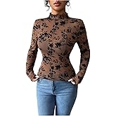 WDIRARA Women's Floral Tops Mock Neck Long Sleeve Mesh Sheer Tee Shirts Fitted Tops