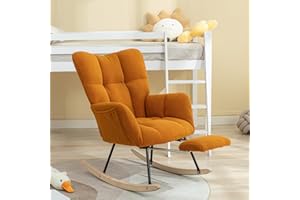 FOXHUNTER Nursery Rocking Chair, Teddy Upholstered Glider Rocker with Adjustable Footrest, Rocker Recliner Chair with High Backrest, Padded Recliner Chair, Reading Chair for Bed Room (Caramel)