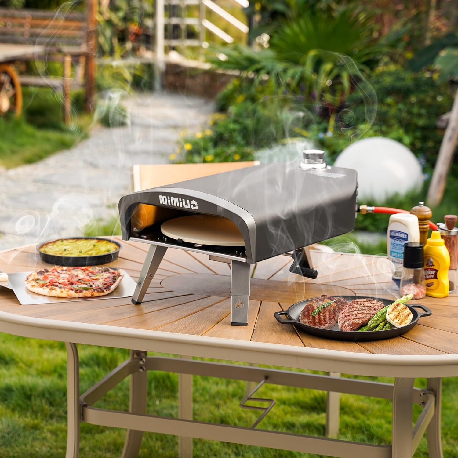 Mimiuo Gas Pizzaofen mit Manuellem Drehfunktion und Gasdruckregler | Tragbarer Gasofen für Garten, outdoor | Enthält 33cm Pizzastein, Pizzaschaufel, Pizza-Abdeckung | Gas Pizza Oven 8