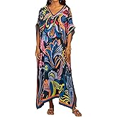 Bsubseach Women Kaftan Dresses Ethnic Print V-Neck Beach Cover Up Plus Size Caftan Loungewear Summer Swimsuit Coverup