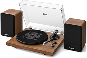 QLEARSOUL SoulBox S1 Vinyl Record Player with Stereo Speakers, Turntable with Built-in Preamp, S-Shaped Tonearm, 33/45 RPM - Walnut