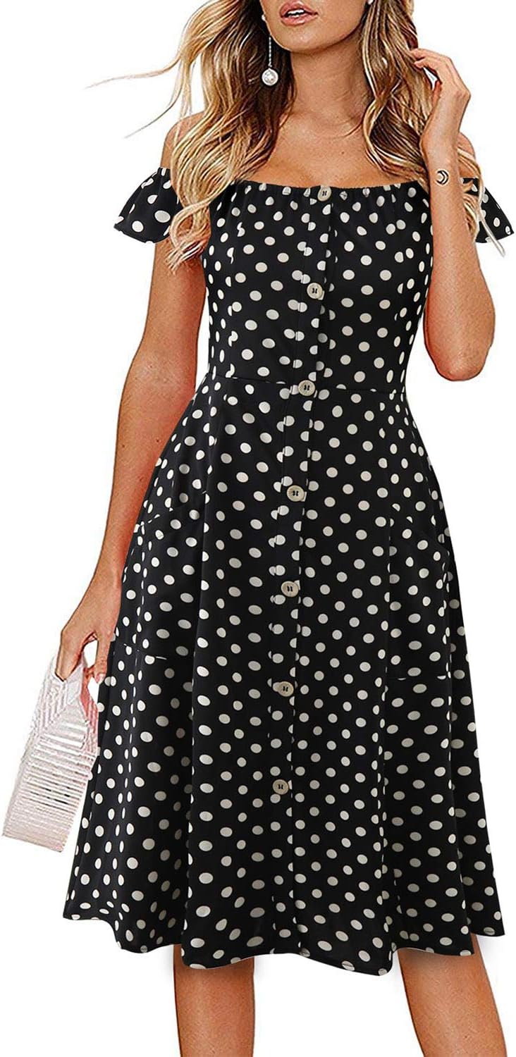 Women's Summer Off The Shoulder Ruffle Sleeve Button Down Casual Midi A-Line Swing Dress with Pockets