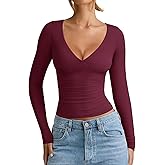 REORIA Womens 2026 Winter Fall Fashion Deep V Neck Long Sleeve Shirts Double Lined Casual Slim Fitted Going Out Tops