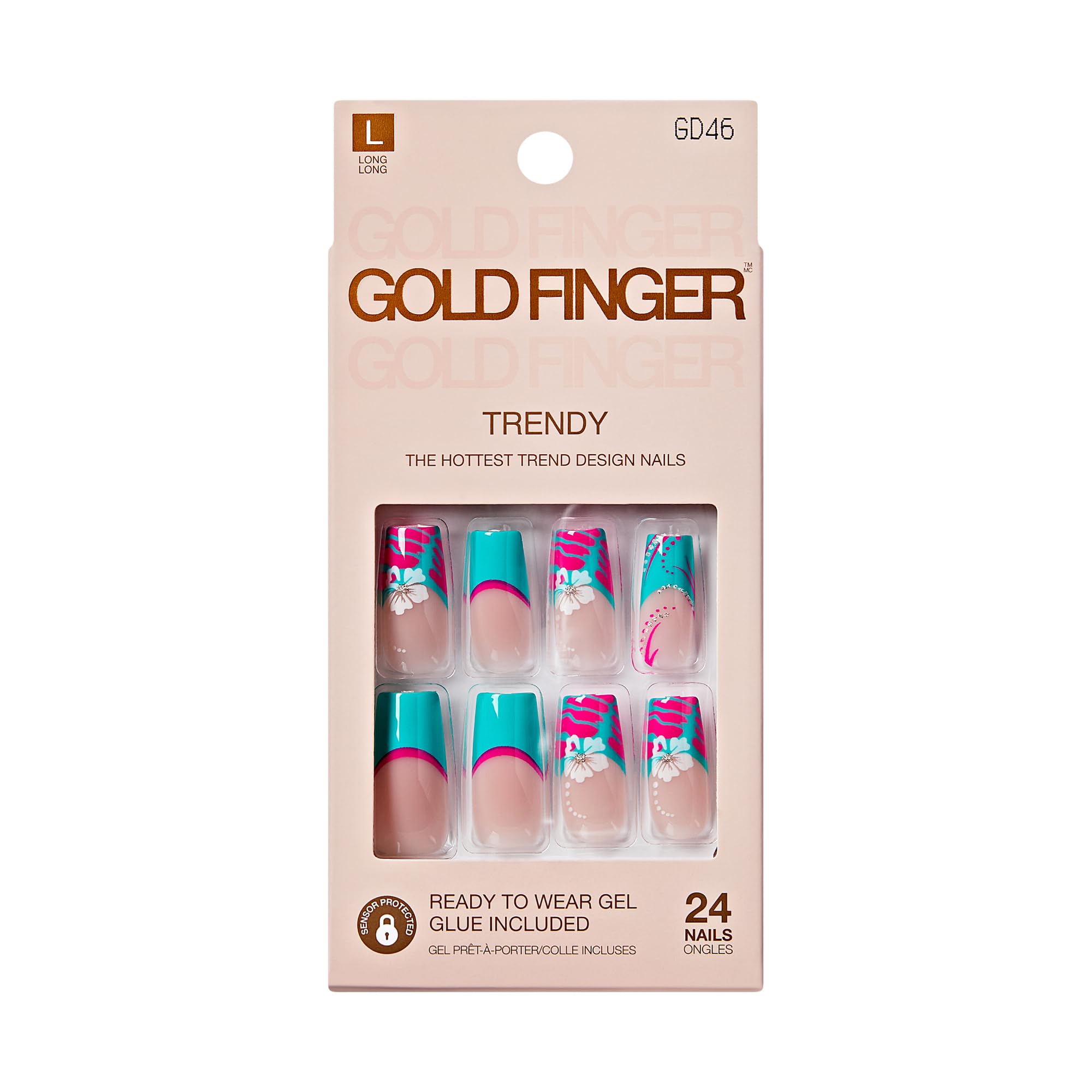 Photo 1 of GoldFinger 24 Pcs Press On Nails, Long Square Fake Nails, Flower French Tip Gel Stick On Extensions, Reusable Full Cover False Nail Kit with Glue, Manicure Stick & File, 7 Day Long Lasting Wear
