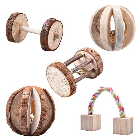 Leisuretime 5 Stücke Pet Spielzeug Set Kleine Haustiere Holz Kauen Spielzeug Kiefer Dumbells Einrad Glocke Roller Kauen Spiel