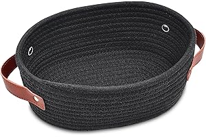 ABenkle Small Woven Basket, Mini Cotton Rope Storage Basket, Tiny Easter Basket, Shelf Basket, Oval Decorative Toy Dog Cat Basket for Nursery, Empty Gift Basket, 9.4" x 5.9" x 3.9" XS