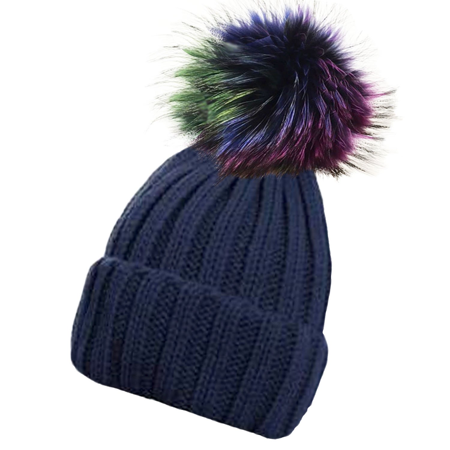multi coloured fur bobble hat