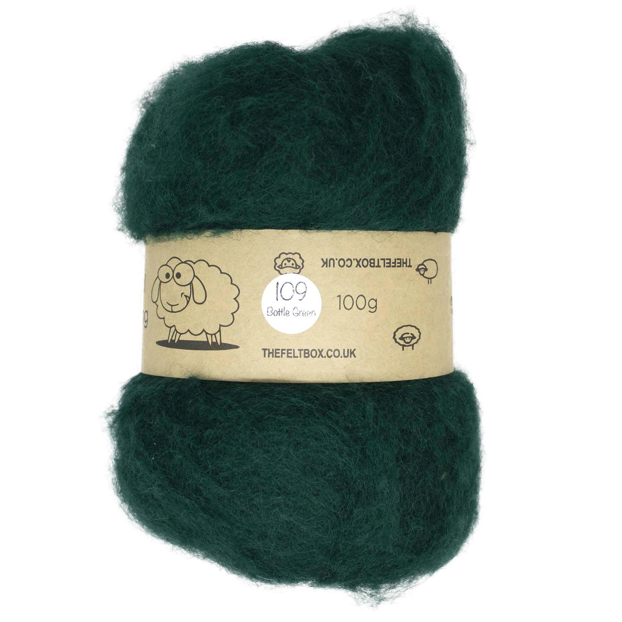 The Felt Box Needle Felting Wool Dark Green - Carded Batting 100g (3.5oz) – Core Wool or Finish Fibre- Bottle Green #109