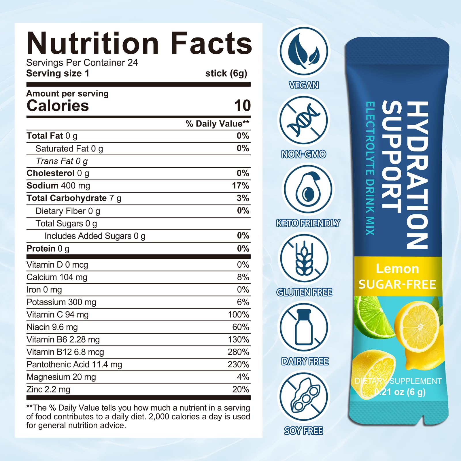 Elektrolyte Pulver Hydration 24 Beutel, 7 Essenzielle Mineralstoffe & 5 Vitamine, schnelle Flüssigkeitszufuhr, schnelle Flüssigkeitszufuhr, Zuckerfreie Hydratationspäckchen 6 Geschmacksrichtungen 6
