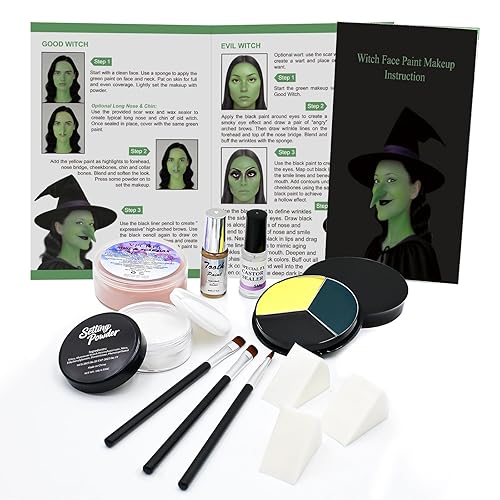 Halloween Witch Makeup Kit, SFX Character Set with Face Paint, Complete SFX Set for Halloween, with Scar Wax for Special Effects Costume Makeup, Prosthetic Nose, Warts&Costume, Dress-Up Cosplay Party
