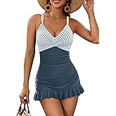 Blooming Jelly Women One Piece Swimsuits Swim Dress Tummy Control Bathing Suits V Neck Ruffle Skirt Swimwear