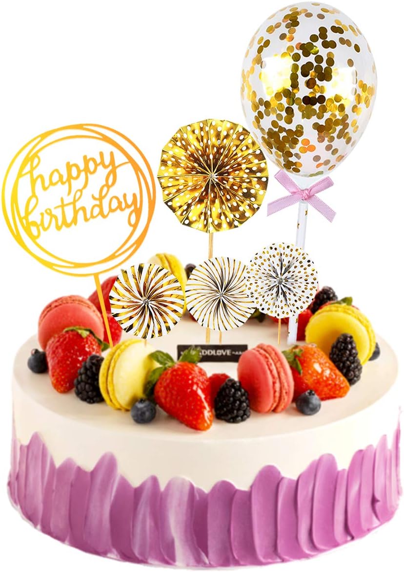 Napravi Rs Weone 6 Pieces Or Joyeux Anniversaire Gateau Toppers Articles De Fete Avec Eventail En Papier Confettis Ballon Acrylique Cupcake Toppers Pour Anniversaire Fete Gateau Decoration Patisserie Figurines Pour Gateaux