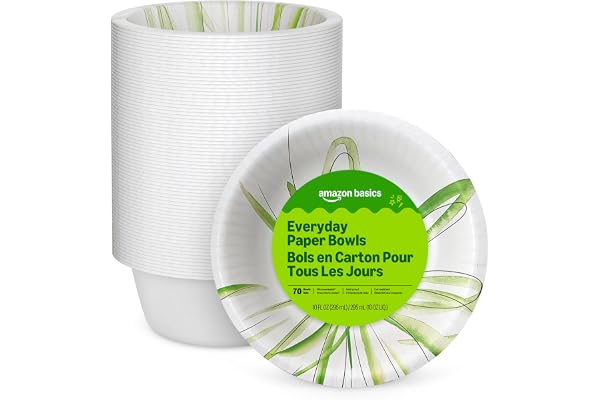 Amazon Basics Everyday Paper Bowls, 10 Oz, Disposable, 70 Count, White, Packaging May Vary