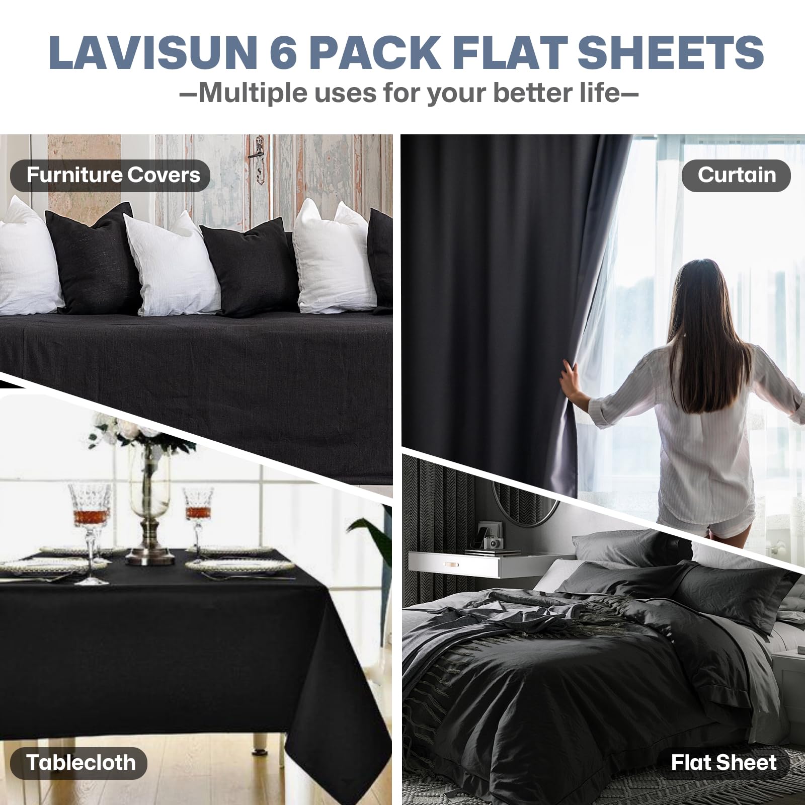 Full Flat Sheets 6 Pack,Black Brushed Microfiber