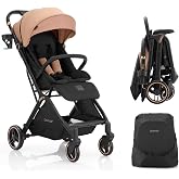 Gromast Gravity Folding Baby Stroller - Portable Travel Toddler Stroller w/Adjustable Backrest, Canopy &amp; Cup Holder, Lightweight and UV Protected, One-Hand Automatic Folding - Khaki