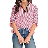 Tankaneo Womens V Neck Striped Blouse Oversized Dolman Sleeve Tops Summer Casual Loose Fit Polo Shirts