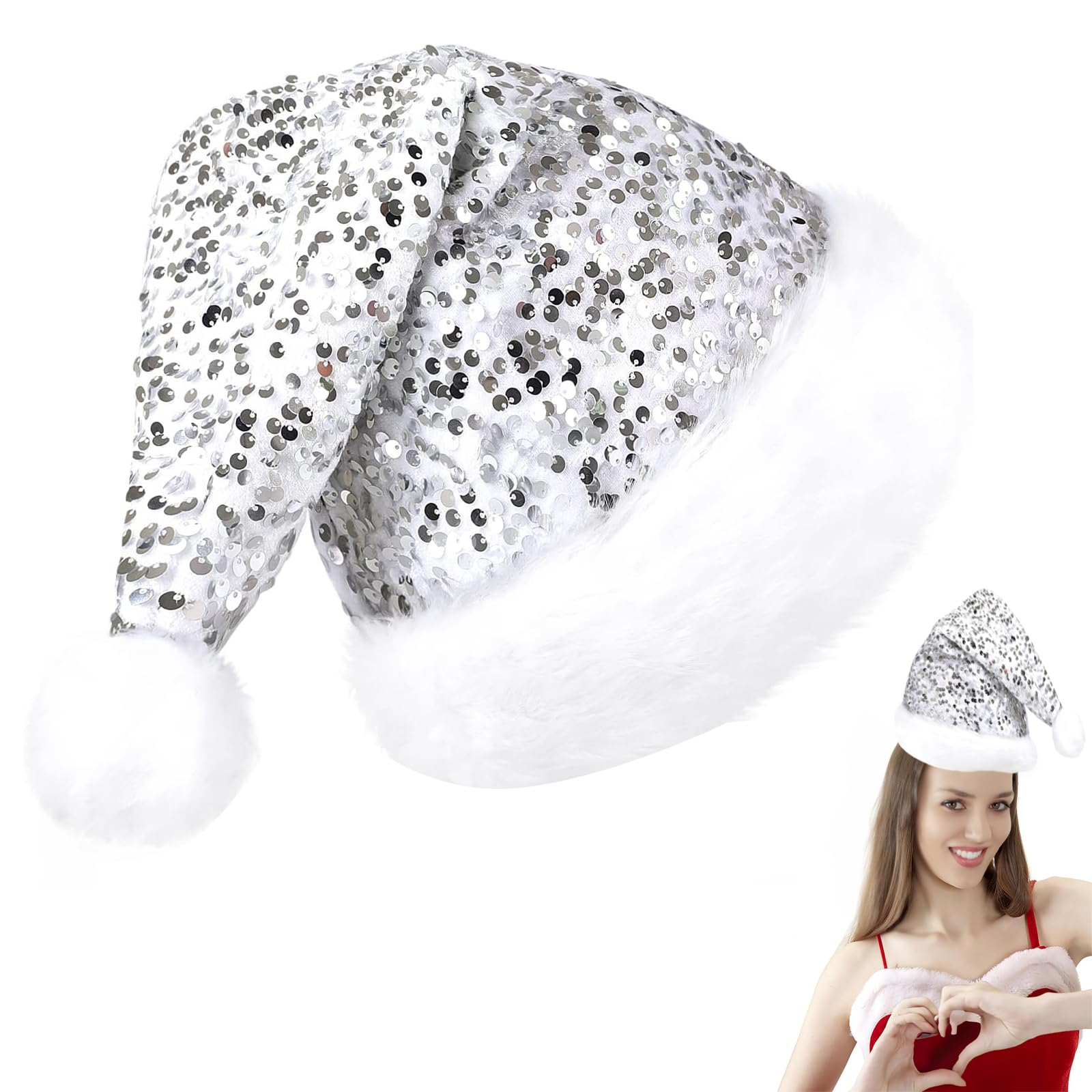 Christmas Sequin Santa Hat,Sparkly Silver Christmas Sequin Hat for Adults,Luxury Santa Hats Christmas Cap Santa Claus Hats Father Xmas Costume Fancy Dress Accessory for Xmas New Year Party Supplies